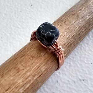 Size 7 - Frosted Black Dragonvein Cube + Copper Wire Ring! Goth Punk Grunge Rock